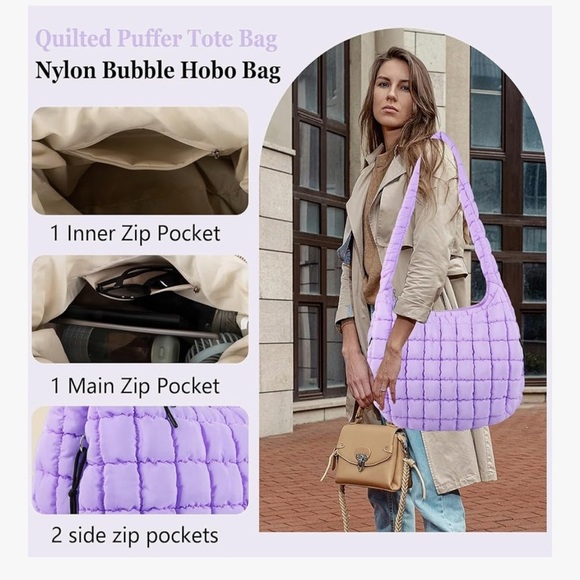 Quilted Puffer Tote Bag Large Crossbody Shoulder Bag with Zipper (023) - Picture 4 of 6